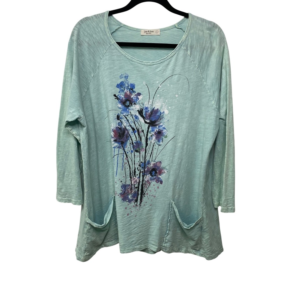 Jess & Jane Large Floral Slub Knit Tunic Top Pockets USA Artsy Boho Lagenlook